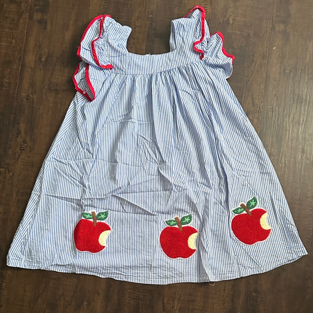 Striped Kids Dress with Red Apple Design